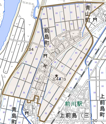 前島町とその周辺の地図。町の範囲を重ねている
