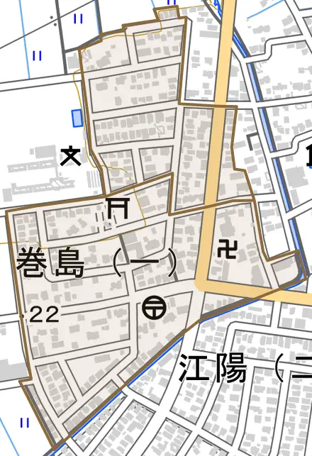 巻島とその周辺の地図。町の範囲を重ねている