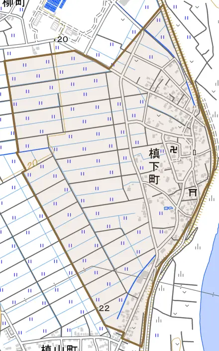 槇下町とその周辺の地図。町の範囲を重ねている