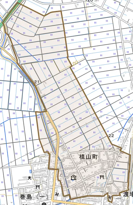 槇山町とその周辺の地図。町の範囲を重ねている