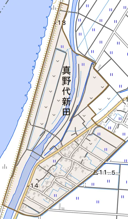 真野代新田とその周辺の地図。町の範囲を重ねている