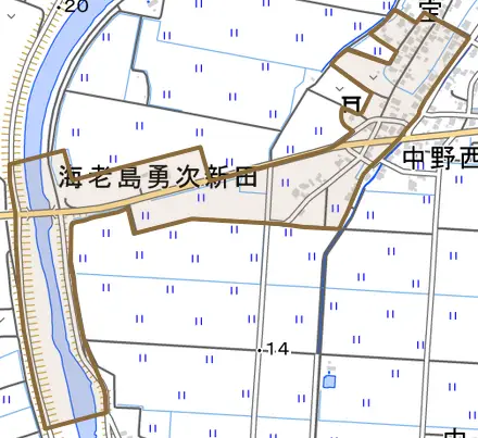 末宝とその周辺の地図。町の範囲を重ねている
