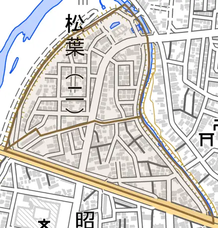 松葉とその周辺の地図。町の範囲を重ねている