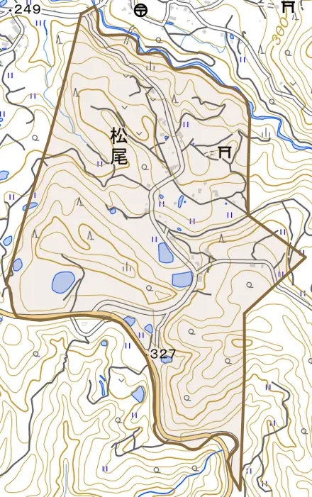 松尾とその周辺の地図。町の範囲を重ねている
