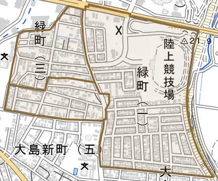 緑町とその周辺の地図。町の範囲を重ねている
