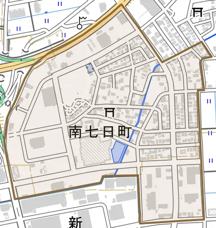 南七日町とその周辺の地図。町の範囲を重ねている