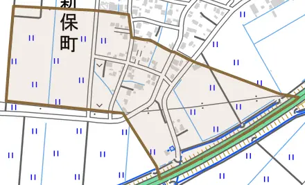 南新保町とその周辺の地図。町の範囲を重ねている