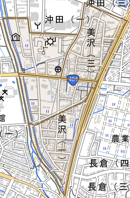 美沢とその周辺の地図。町の範囲を重ねている