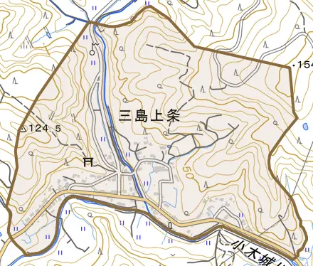 三島上条とその周辺の地図。町の範囲を重ねている