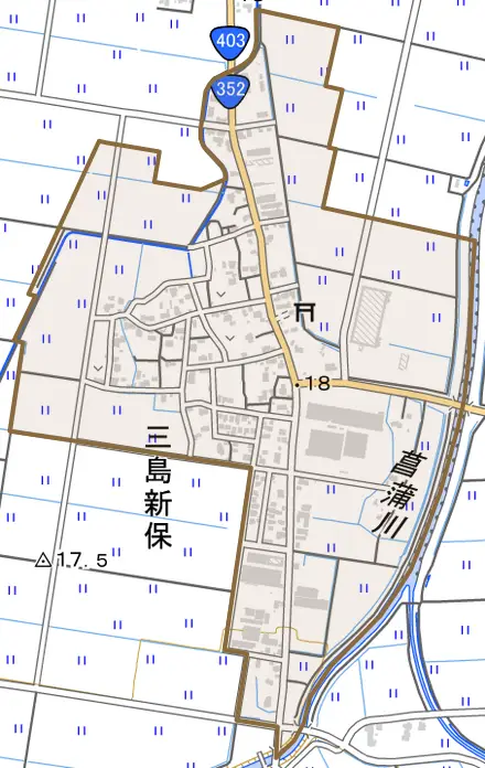 三島新保とその周辺の地図。町の範囲を重ねている