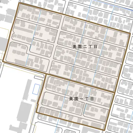 美園とその周辺の地図。町の範囲を重ねている