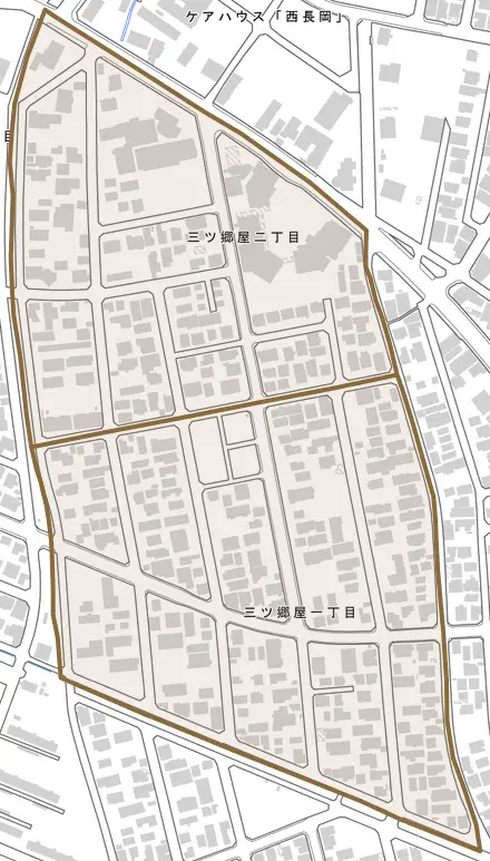 三ツ郷屋とその周辺の地図。町の範囲を重ねている