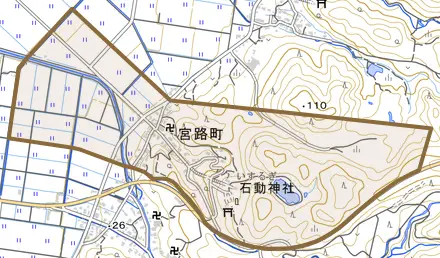 宮路町とその周辺の地図。町の範囲を重ねている