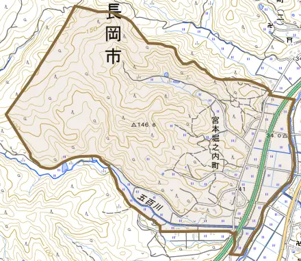 宮本堀之内町とその周辺の地図。町の範囲を重ねている