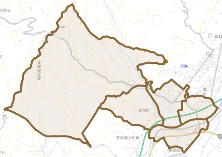宮本町とその周辺の地図。町の範囲を重ねている