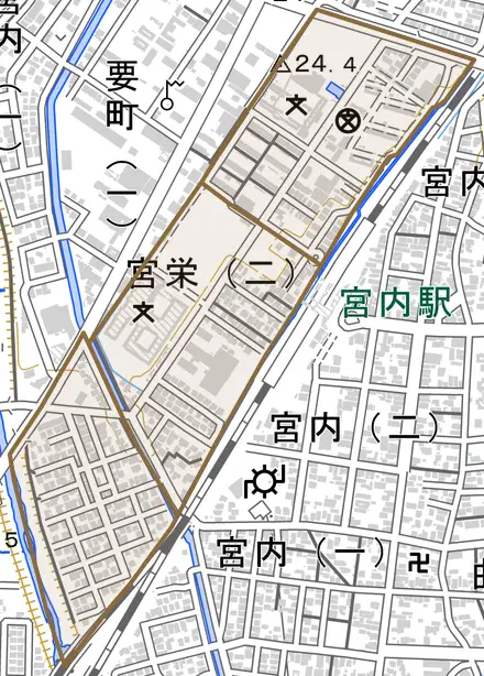 宮栄とその周辺の地図。町の範囲を重ねている
