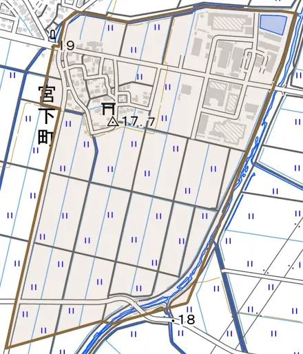 宮下町とその周辺の地図。町の範囲を重ねている