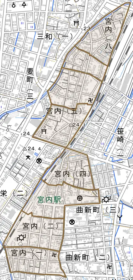 宮内とその周辺の地図。町の範囲を重ねている