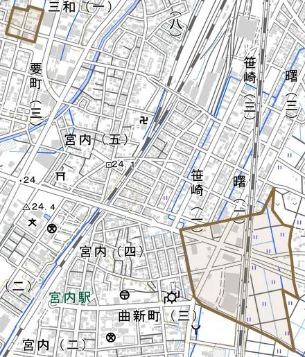 宮内町とその周辺の地図。町の範囲を重ねている