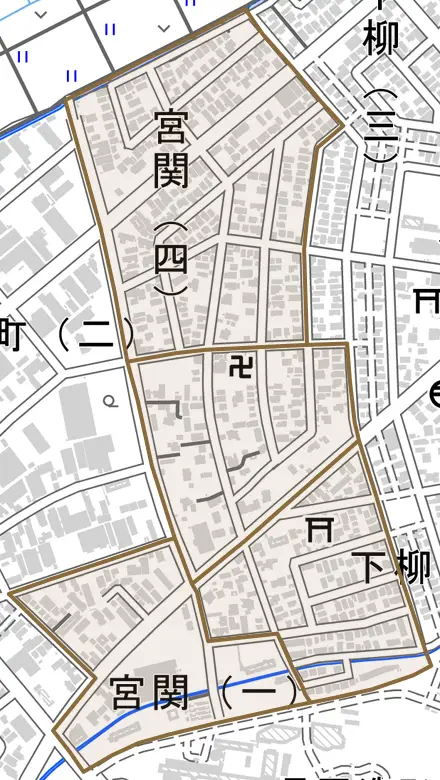 宮関とその周辺の地図。町の範囲を重ねている