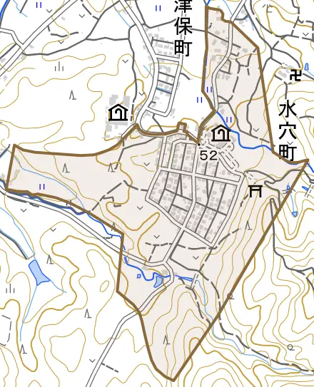 水穴町とその周辺の地図。町の範囲を重ねている
