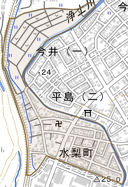水梨町とその周辺の地図。町の範囲を重ねている