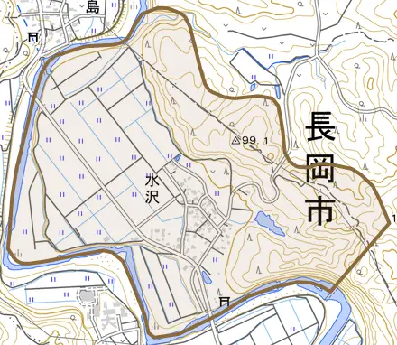 水沢とその周辺の地図。町の範囲を重ねている