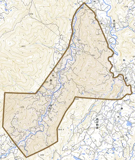 森上とその周辺の地図。町の範囲を重ねている