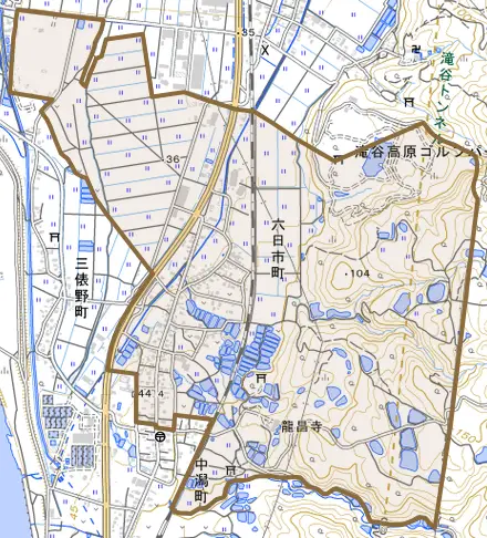 六日市町とその周辺の地図。町の範囲を重ねている