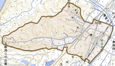 村田とその周辺の地図。町の範囲を重ねている