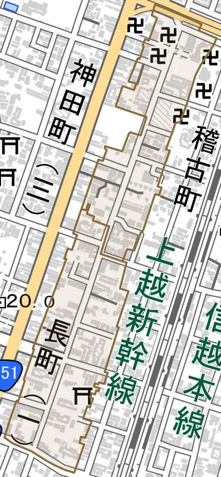 長町とその周辺の地図。町の範囲を重ねている