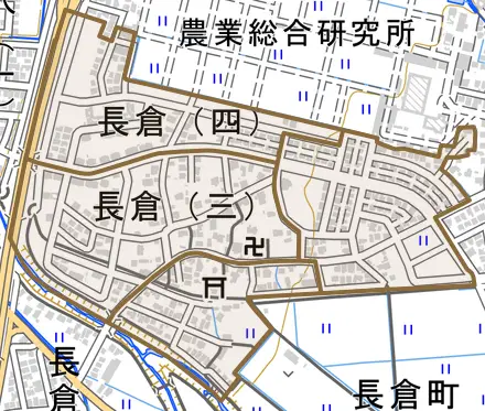 長倉とその周辺の地図。町の範囲を重ねている