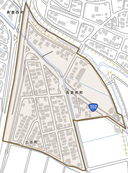 長倉南町とその周辺の地図。町の範囲を重ねている