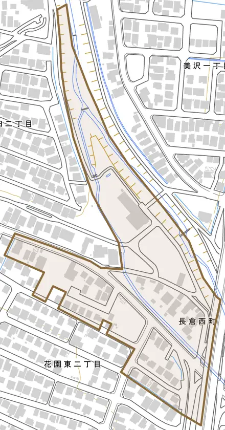 長倉西町とその周辺の地図。町の範囲を重ねている