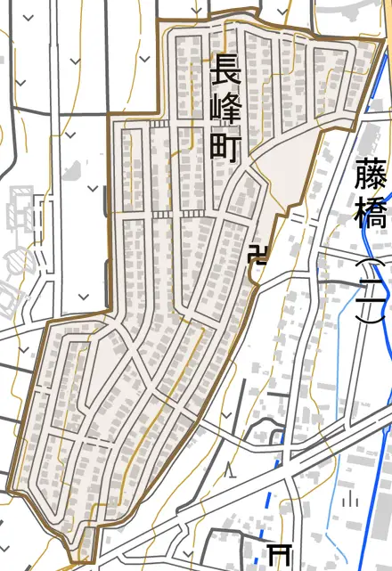 長峰町とその周辺の地図。町の範囲を重ねている