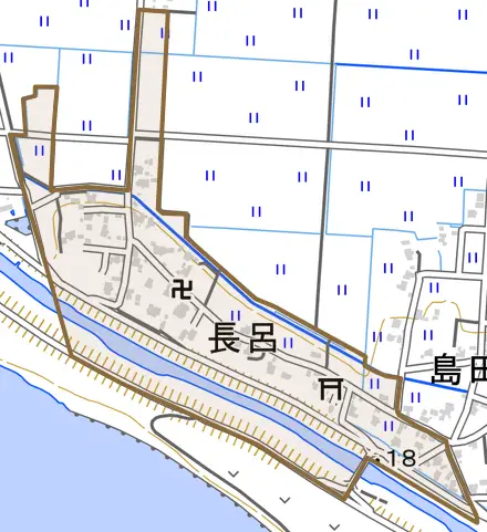 長呂とその周辺の地図。町の範囲を重ねている