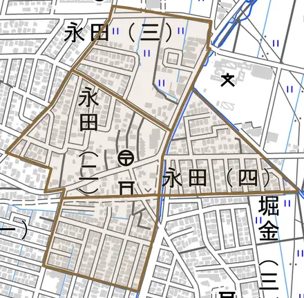 永田とその周辺の地図。町の範囲を重ねている
