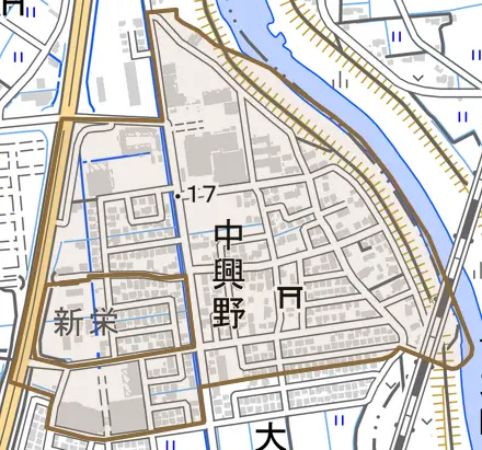 中興野とその周辺の地図。町の範囲を重ねている