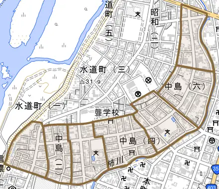 中島とその周辺の地図。町の範囲を重ねている