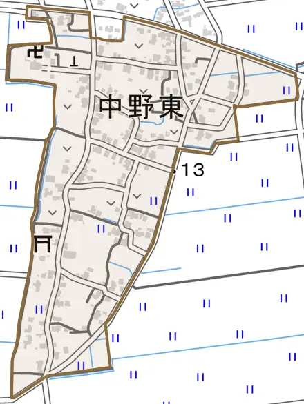 中野東とその周辺の地図。町の範囲を重ねている