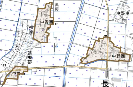 中野西とその周辺の地図。町の範囲を重ねている