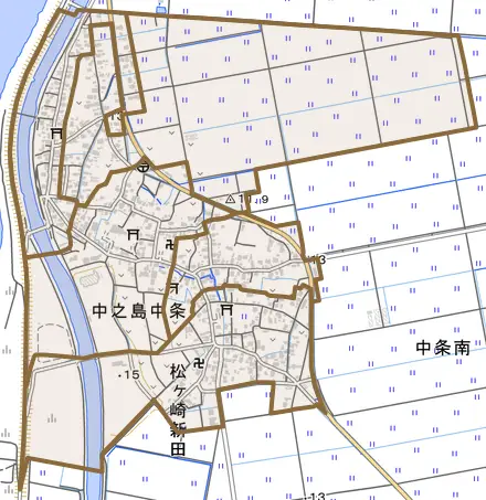 中之島中条とその周辺の地図。町の範囲を重ねている