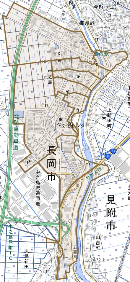 中之島とその周辺の地図。町の範囲を重ねている