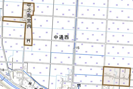 中之島宮内とその周辺の地図。町の範囲を重ねている
