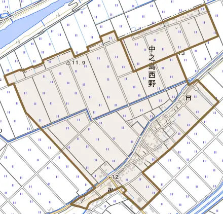 中之島西野とその周辺の地図。町の範囲を重ねている