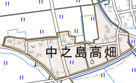 中之島高畑とその周辺の地図。町の範囲を重ねている