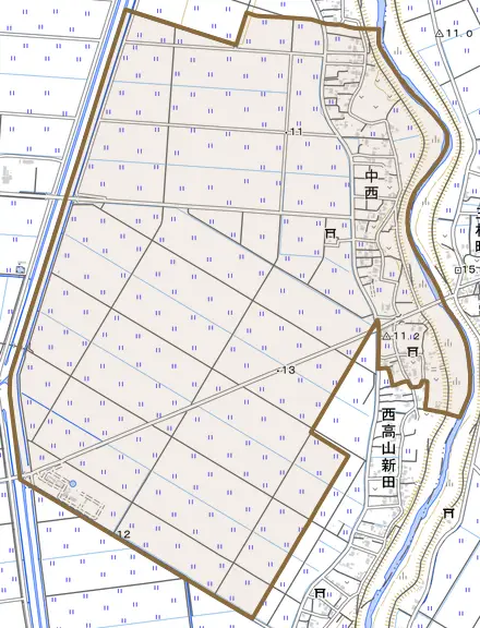 中西とその周辺の地図。町の範囲を重ねている