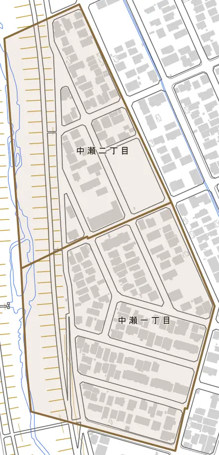 中瀬とその周辺の地図。町の範囲を重ねている