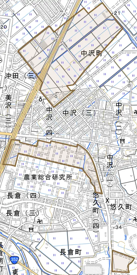 中沢町とその周辺の地図。町の範囲を重ねている