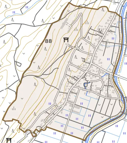 七日市とその周辺の地図。町の範囲を重ねている